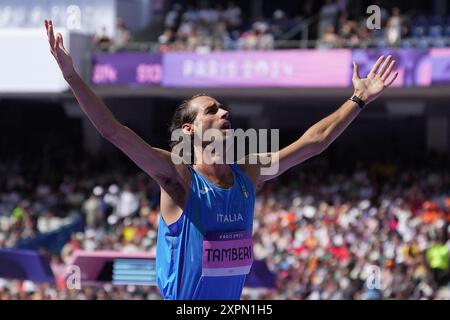 Parigi, Francia. 7 agosto 2024. Gianmarco Tamberi durante le qualificazioni al salto ostacoli maschile alle Olimpiadi estive 2024, mercoledì 7 agosto 2024, a Parigi, Francia. (Foto di Spada/LaPresse) credito: LaPresse/Alamy Live News Foto Stock