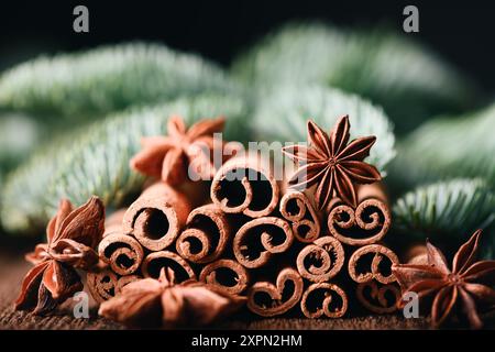 Macro shot di stelle di anice e un mucchio di bastoncini di cannella sullo sfondo dei rami di abete verde fresco. Fotografia gastronomica Foto Stock