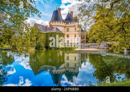 Vista panoramica del Castello dell'Islette nella Valle della Loira in Francia con riflessi specchio sulle acque del fiume Indre Foto Stock