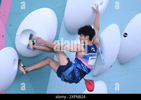 Le Bourget, Francia. 7 agosto 2024. Olympia, Paris 2024, Climbing, Sorato Anraku, combinazione, uomini, semifinale, Lead, Sorato Anraku dal Giappone in azione. Crediti: Marijan Murat/dpa/Alamy Live News Foto Stock