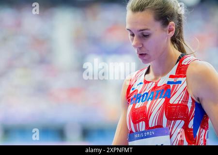 Parigi, Ile de France, Francia. 7 agosto 2024. SARA KOLAK (CRO) croata, gareggia nelle qualifiche di Javelin Launch femminile allo Stade de France durante le Olimpiadi estive di Parigi 2024 a Parigi, in Francia. (Credit Image: © Walter Arce/ZUMA Press Wire) SOLO PER USO EDITORIALE! Non per USO commerciale! Crediti: ZUMA Press, Inc./Alamy Live News Foto Stock