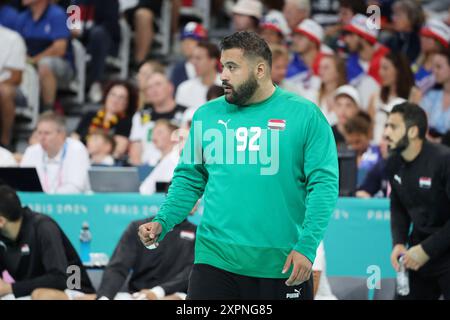 Lille, Francia. 7 agosto 2024. Mohamed Aly (Egitto), Handball, quarti di finale maschile tra Spagna ed Egitto durante i Giochi Olimpici di Parigi 2024 il 7 agosto 2024 allo stadio Pierre Mauroy di Villeneuve-d'Ascq vicino a Lille, Francia - foto Laurent Sanson/Panoramic/DPPI Media Credit: DPPI Media/Alamy Live News Foto Stock