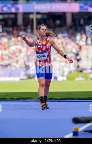 Parigi, Ile de France, Francia. 7 agosto 2024. SARA KOLAK (CRO) croata, gareggia nelle qualifiche di Javelin Launch femminile allo Stade de France durante le Olimpiadi estive di Parigi 2024 a Parigi, in Francia. (Credit Image: © Walter Arce/ZUMA Press Wire) SOLO PER USO EDITORIALE! Non per USO commerciale! Crediti: ZUMA Press, Inc./Alamy Live News Foto Stock