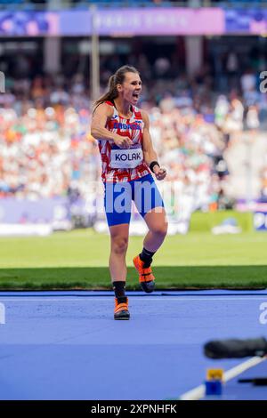 Parigi, Ile de France, Francia. 7 agosto 2024. SARA KOLAK (CRO) croata, gareggia nelle qualifiche di Javelin Launch femminile allo Stade de France durante le Olimpiadi estive di Parigi 2024 a Parigi, in Francia. (Credit Image: © Walter Arce/ZUMA Press Wire) SOLO PER USO EDITORIALE! Non per USO commerciale! Crediti: ZUMA Press, Inc./Alamy Live News Foto Stock