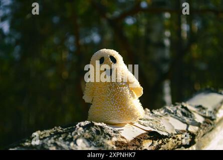 Un giocattolo fantasma sorridente si erge su una corteccia di betulla nella foresta e illuminato dal sole Foto Stock