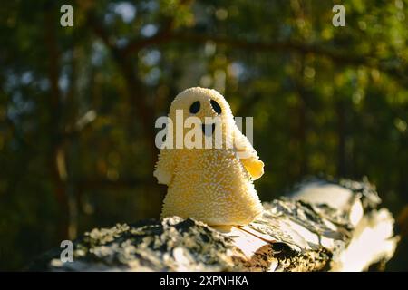 Un giocattolo fantasma sorridente si erge su una corteccia di betulla nella foresta e illuminato dal sole Foto Stock