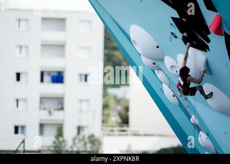 Le Bourget, Francia. 7 agosto 2024. Gareggia nella semifinale maschile di Sport Climbing presso le Bourget Sport Climbing Venue a le Bourget, a nord di Parigi, in Francia, durante i Giochi Olimpici di Parigi 2024 del 5 agosto 2024. Foto di Julien Poupart/ABACAPRESS. COM credito: Abaca Press/Alamy Live News Foto Stock