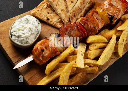 Souvlaki marinato di maiale da vicino con patate fritte, pita e yogurt immersi su una tavola di legno sul tavolo scuro. Foto Stock