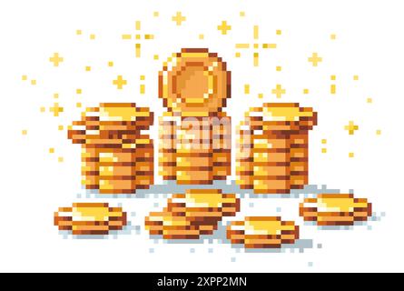 Pila di monete pixel. Pile di monete dorate per videogiochi retro a 8 bit, risorsa sprite 2D per la progettazione di giochi arcade. Raccolta vettoriale isolata dell'heap di denaro Illustrazione Vettoriale