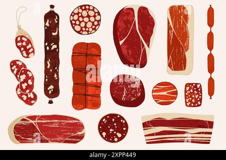 Prodotti a base di cartoni animati. Doodle bbq carne di maiale carne di manzo, salumi, salsicce, salumi di carne secca. Costolette fresche e bistecche, pancetta e. Illustrazione Vettoriale