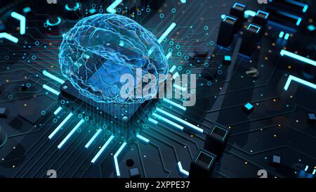 Cervello trasparente con luce blu sul microchip su una scheda a circuito complesso. Concetto di intelligenza artificiale. Illustrazione 3D. Foto Stock