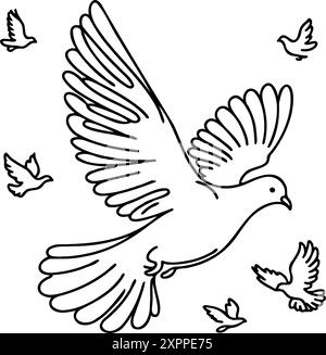 Un uccello bianco con ali nere vola sopra un gruppo di altri uccelli. Concetto di libertà e pace, mentre l'uccello solitario si innalza sopra gli altri Illustrazione Vettoriale
