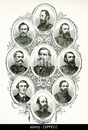 Nella foto sono ritratti di importanti generali confederati della guerra civile americana. Sono, da sinistra a destra, dall'alto verso il basso: Stonewall Jackson, Beauregard, Longstreet, Breckenridge, R e Lee, a F Hill, colonnello Mosby, Fitz Hugh Lee, Ewell Foto Stock