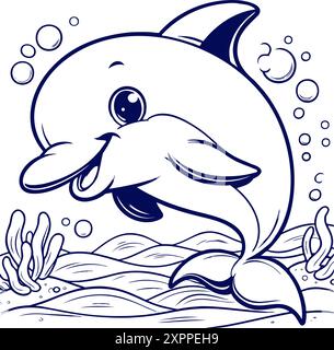 Un delfino cartoni animati sta nuotando nell'oceano con bolle intorno ad esso. dolphin sorride ed è felice Illustrazione Vettoriale