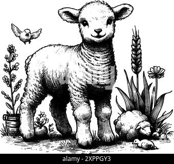 Un disegno bianco e nero di un agnello in un campo con altri animali. L'agnello è il fulcro principale dell'immagine, ed è felice e contento. Gli altri animali della scena, come gli uccelli Illustrazione Vettoriale