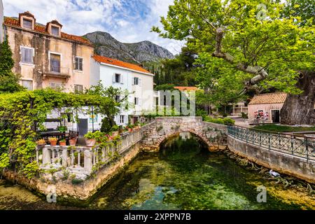 Idilliaco villaggio di Mlini nell'arcipelago di Dubrovnik, regione della Dalmazia meridionale della Croazia. Vista aerea del villaggio Adriatico di Mlini sul lungomare, Dubrovnik Foto Stock