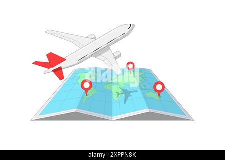 Aereo passeggeri in volo da una posizione a un'altra spilla di destinazione sopra la mappa del mondo ripiegata. Concetto di segno isometrico per viaggi aerei e voli a lungo raggio. Icona eps di viaggio turistico aereo business jet Illustrazione Vettoriale