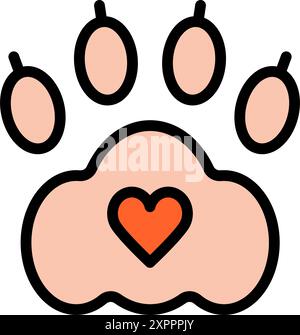 Cuore con icona di colore zampa animale. Amore per un cane o un gatto, stampa zampa, concetto di cura di un animale domestico. Donare per animali. Illustrazione vettoriale isolata su b bianco Illustrazione Vettoriale