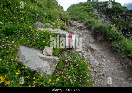 Segnavia o cairn svizzeri, sul lago Oeschinensee Hike in Svizzera, vicino a Kandersteg nelle Alpi svizzere, Foto Stock