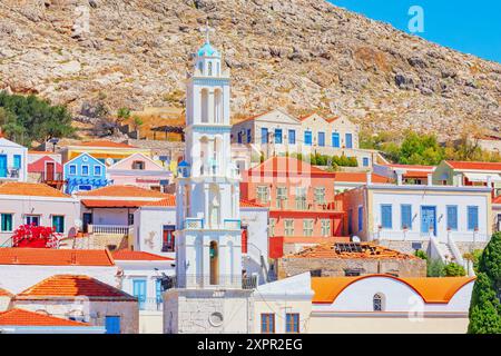 Vista della chiesa di San Nicola, dell'isola di Halki, delle isole del Dodecaneso, della Grecia Foto Stock