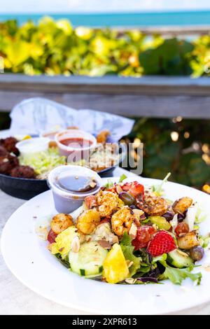 Insalata hawaiana con gamberi, capesante e ananas al ristorante Waldo's by the Sea presso lo storico Driftwood Resort, vero Beach, Florida, USA Foto Stock