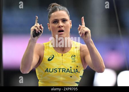 Saint Denis, Francia. 7 agosto 2024. Olimpiadi, Parigi 2024, atletica leggera, Stade de France, pole vault, donne, finale, Nina Kennedy dall'Australia reagisce. Crediti: Sven Hoppe/dpa/Alamy Live News Foto Stock