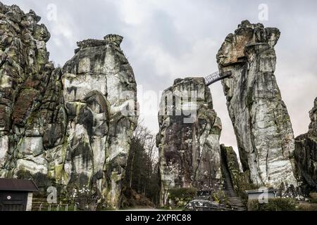 Externsteine, formazione di arenaria, Foresta di Teutoburg, Horn-Bad Meinberg, Renania settentrionale-Vestfalia, Germania Foto Stock