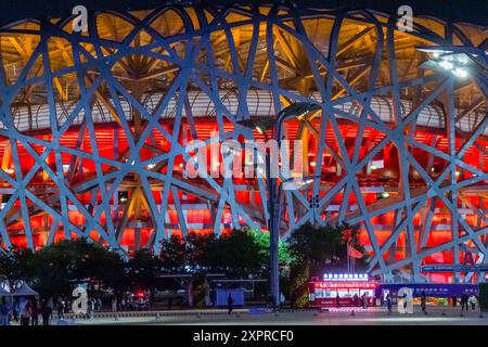 Vista notturna dello stadio olimpico nazionale di Pechino, Cina Foto Stock