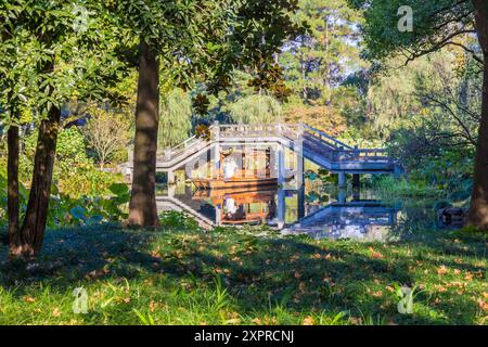 Tradizionale barca in legno che passa sotto un ponte nel parco di Hangzhou, Cina Foto Stock