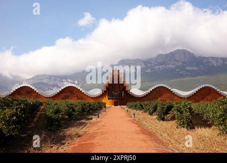 Vigna e edificio della cantina Ysios progettato dall'architetto Santiago Calatrava, montagne della Sierra de Cantabria sullo sfondo, LaGuardia, Rioja Alavesa, AR Foto Stock