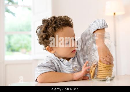 Quattro anni di vecchio ragazzo con la sua mano nel cookie jar Foto Stock