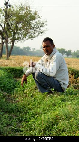 Ritratto di un contadino durante una dura giornata di lavoro in un villaggio rurale. Javadhu Hills, Tamil Nadu. India. Foto Stock