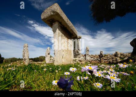 Taula (tavola), struttura preistorica nel sito archeologico di Talatí de Dalt. Minorca, Isole Baleari, Spagna Foto Stock