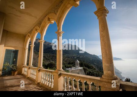 Casa Museo de Son Marroig , terraza sobre el mediterraneo, Valldemossa, Maiorca, isole Baleari, Spagna, Europa. Foto Stock