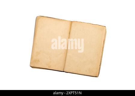 Vista dall'alto verso il basso di un libro di cucina aperto con pagine vuote, perfetto per creare un mockup per ricette o menu. Isolato su sfondo bianco Foto Stock