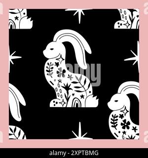 Motivo Linocut senza cuciture bianco e nero Happy Easter Illustrazione Vettoriale