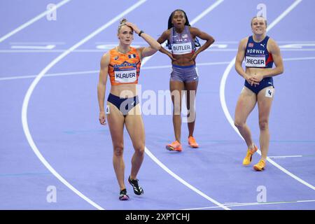 PARIGI, FRANCIA. 7 agosto 2024. Lieke Klaver dei Paesi Bassi reagisce dopo il caldo durante la semifinale di atletica femminile 400m il dodicesimo giorno dei Giochi Olimpici di Parigi 2024 allo Stade de France, Parigi, Francia. Crediti: Craig Mercer/Alamy Live News Foto Stock