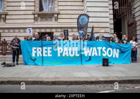 I dimostranti tengono uno striscione durante la manifestazione. I sostenitori dell'attivista anti-baleniera Paul Watson tennero una manifestazione fuori dal Foreign and Commonwealth Office a Westminster, nel centro di Londra. Il piccolo gruppo di manifestanti chiede il suo immediato rilascio. Il fondatore e co-fondatore di Greenpeace è stato arrestato in Groenlandia con un mandato di arresto internazionale e ora sta per essere deportato in Giappone. Il settantacinquenne fu accusato di aver violato e aggredito una nave baleniera giapponese nell'Oceano meridionale il 2010 febbraio. E se fosse riconosciuto colpevole, l'americano-canadese potrebbe affrontare Foto Stock