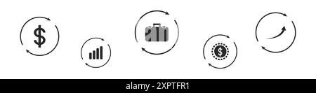 Serie di vettori di icone aziendali. Set di icone per il lavoro e il vettore aziendale. Icone nere in un cerchio di guadagni e team building. Vettore grafico di successo. Illustrazione Vettoriale