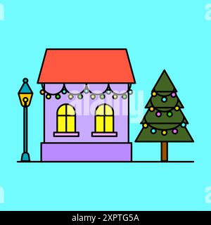 Icona della casa di Natale. Accanto all'albero decorato. Corda di luci natalizie. Vettore per le vacanze invernali. Illustrazione Vettoriale