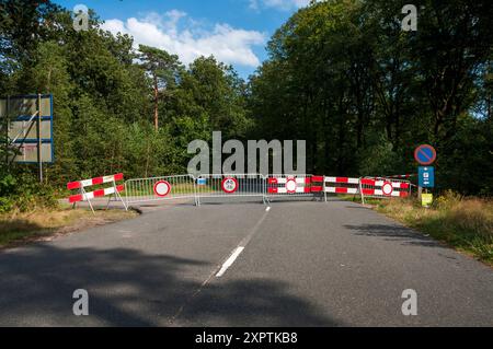 Woudenberg, Paesi Bassi.8 agosto 2024.i cartelli di avvertimento su come gestire un incontro con i lupi sono collocati agli ingressi della tenuta naturale "Den Treek". Gran parte è ora chiusa al pubblico dopo un altro incidente con i camminatori e un lupo. Credito: Pmvfoto/Alamy Live News Foto Stock