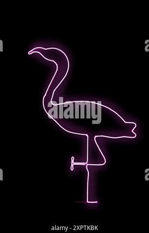 Un lucente cartello rosa al neon flamingo risplende brillantemente su uno sfondo scuro, elemento di design per l'applicazione Foto Stock