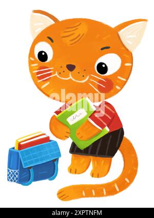 scena di cartoni animati con un giovane allievo di gatto della scuola o dell'asilo che si diverte a giocare facendo qualcosa di illustrativo per i bambini Foto Stock