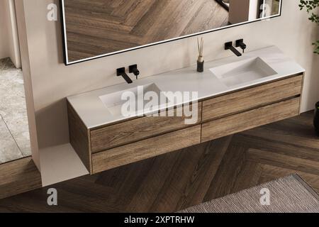 Primo piano di doppio lavabo con specchi in piedi su parete grigia, armadietto in legno con rubinetti in bagno minimalista Foto Stock