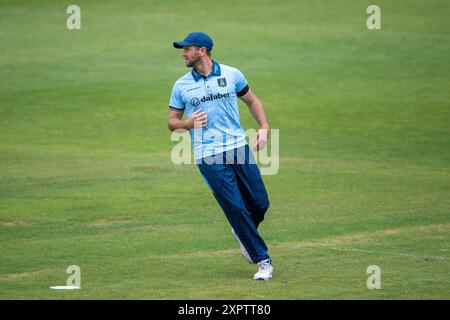 Southampton, Regno Unito. 7 agosto 2024. Ross Whiteley del Derbyshire durante la partita della Metro Bank One Day Cup tra Hampshire e Derbyshire all'Utilita Bowl. Crediti: Dave Vokes/Alamy Live News Foto Stock