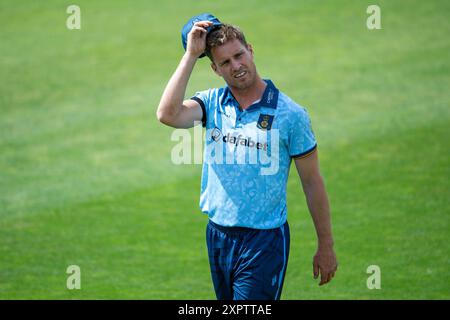 Southampton, Regno Unito. 7 agosto 2024. Luis Reece del Derbyshire durante la partita della Metro Bank One Day Cup tra Hampshire e Derbyshire all'Utilita Bowl. Crediti: Dave Vokes/Alamy Live News Foto Stock