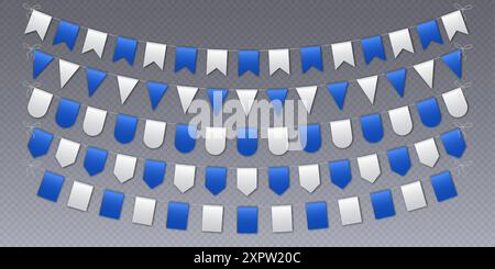 Bandiere di bunting, bandiere per feste di carnevale, pennant bianchi e blu che pendono su una corda. Illustrazione Vettoriale