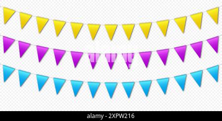 Bandiere colorate, bandiere per feste di carnevale, pennant per le feste appesi a una corda. Illustrazione Vettoriale