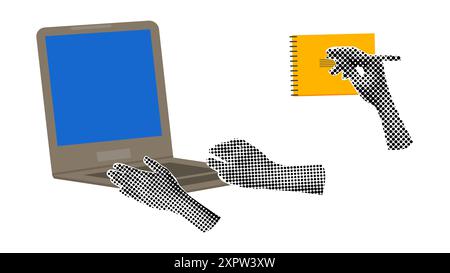 Ritorno a scuola collage con le mani mezzitoni. Cartoline, notebook, banner di design di tendenza. Illustrazione vettoriale. Illustrazione Vettoriale