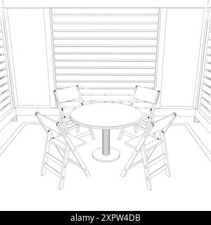 Profilo del gazebo. Silhouette lineare con contorno nero. Contorno di una casa estiva con panchine, un tavolo e un tetto. Illustrazione vettoriale. 3D. Illustrazione Vettoriale